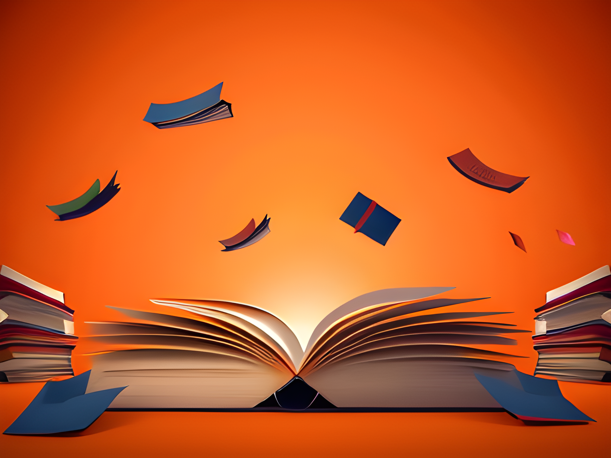 books-thrown-in-the-air-realistic-8k-high-definition-orange-background-717448897